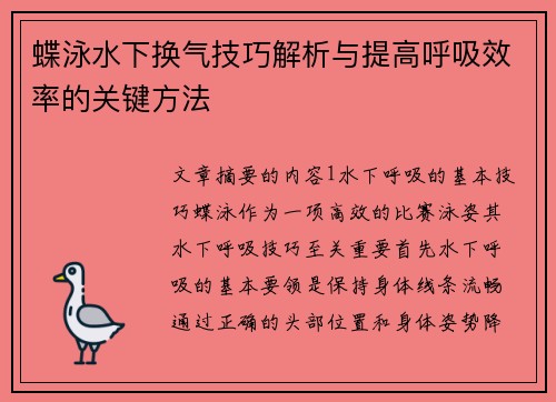 蝶泳水下换气技巧解析与提高呼吸效率的关键方法